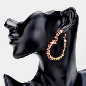Pink Crystal Geometric Bling Heart Hoop Earrings Gold Rhinestone Leaning Jewelry